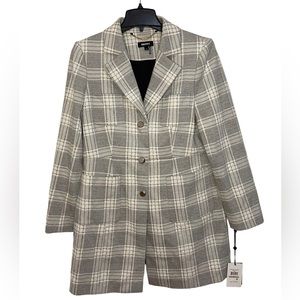 DKNY Womens Plaid Longline Jacket Blk Parchment 12 New With Tags